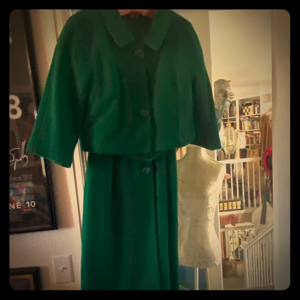 Three piece wool dress and blazer with belt.